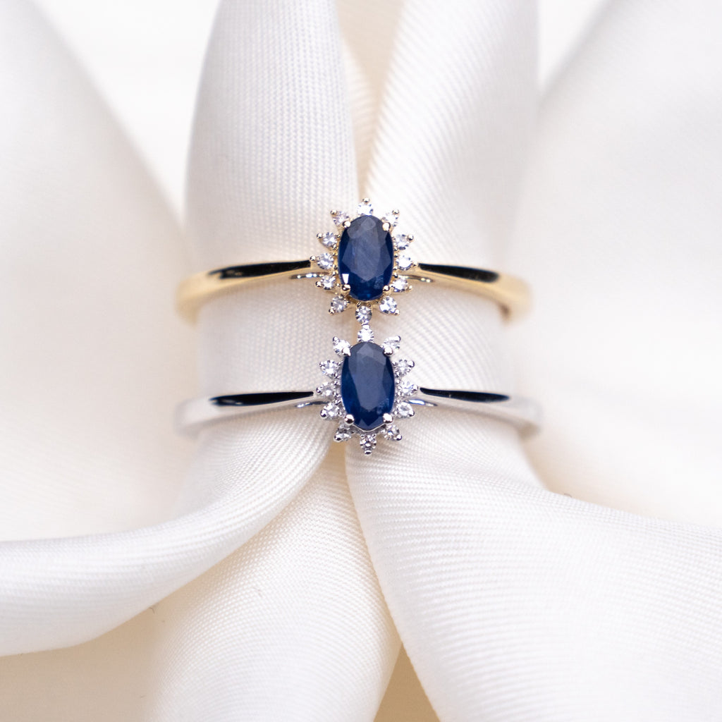 Saphir-Ring Hong Kong mit weißen Diamanten, blauer Saphir mit 0,30 Karat, Gold 375, handgefertigt - Kudia-Shop