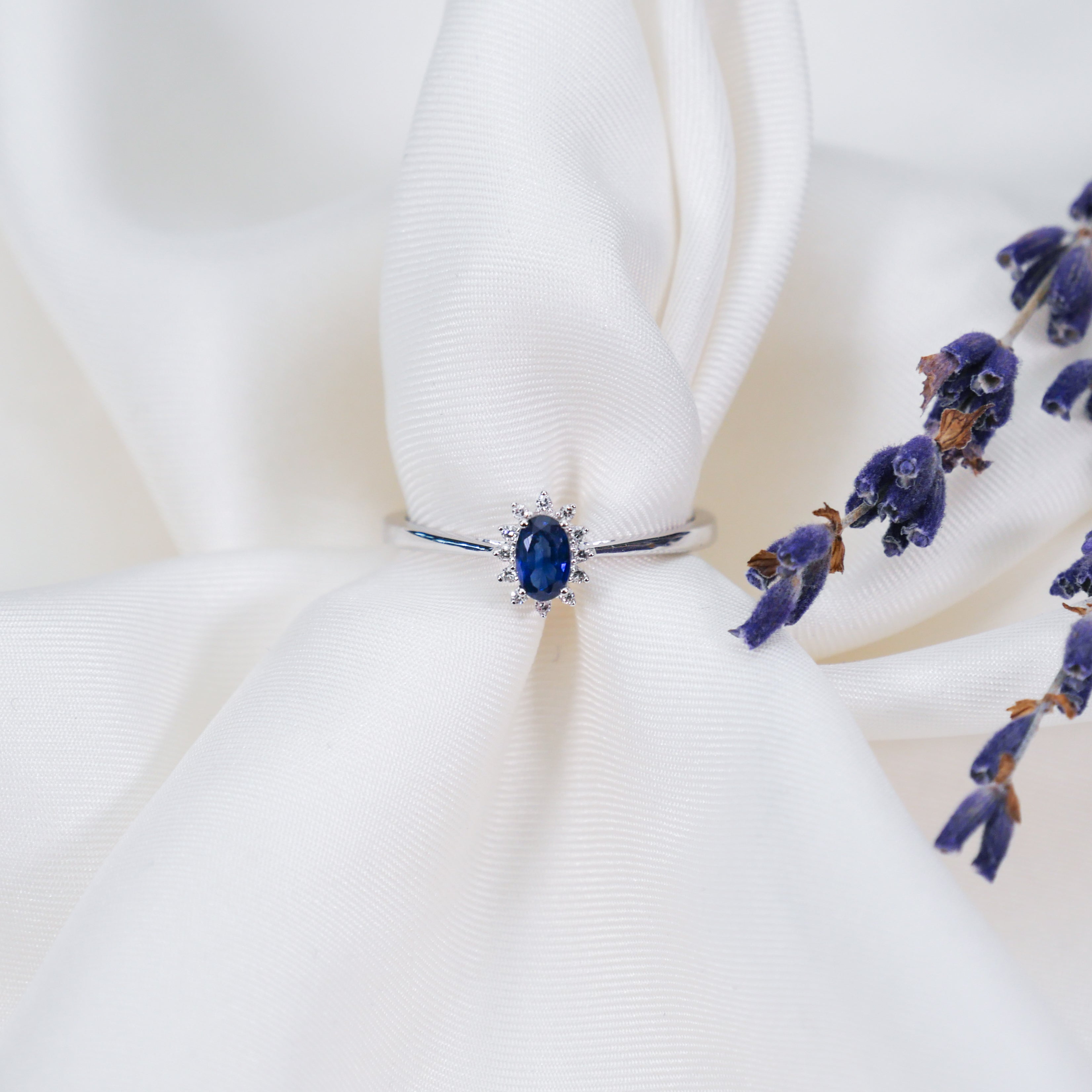 Natural Blue Sapphire With Emerald-Cut Diamonds In White Gold Trilogy Ring  - Cara Jewellers